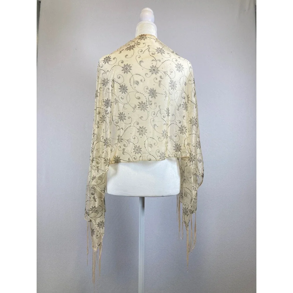Boho‎ Romantic Unbranded Womens OS Cream Black Floral Sheer Fringed Sequin Scarf